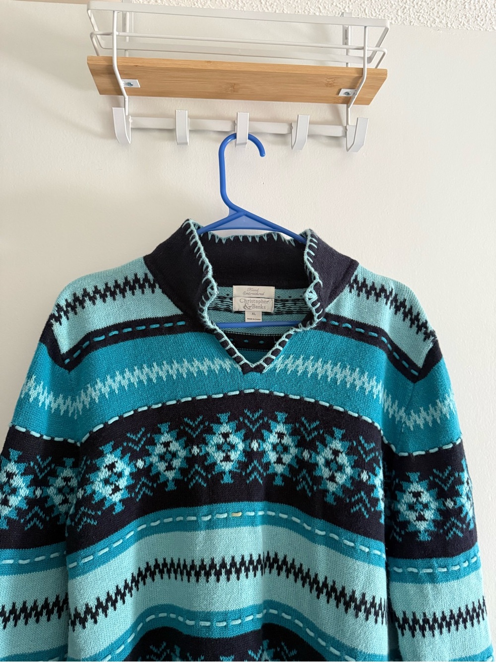Christopher & Banks Teal & Navy Fair Isle Crewneck Sweater - Picture 2 of 6